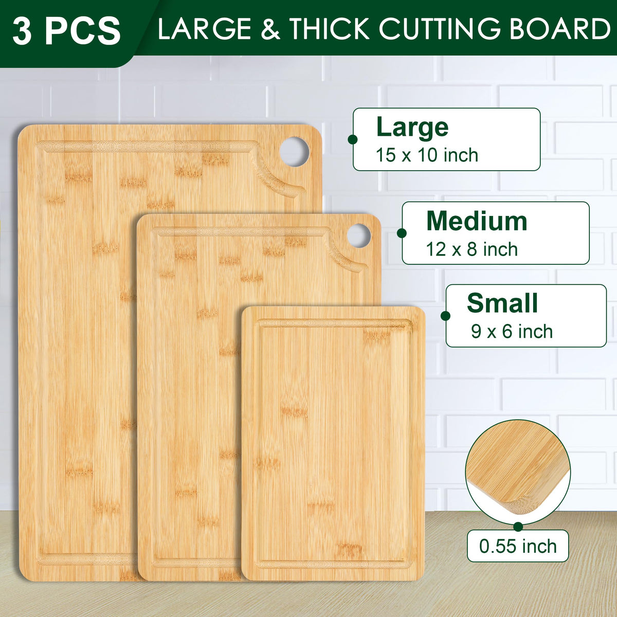 Funnydin 3PCS Bamboo Cutting Board Set - Durable Wooden Cutting Boards with Deep Juice Grooves & Built-in Handles & Hanging Holes, Ideal for Chopping Meat, Vegetables, Dishwasher Safe