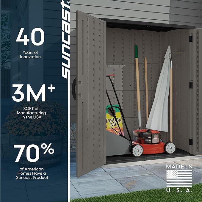 Suncast Outdoor Storage Cabinet Waterproof Resin Vertical Outdoor Storage Shed (54 cu. ft.) for Patio, Garden Tools, Cushions, & Equipment. Weatherproof Plastic Multi-Wall Design, Capacity Made in USA