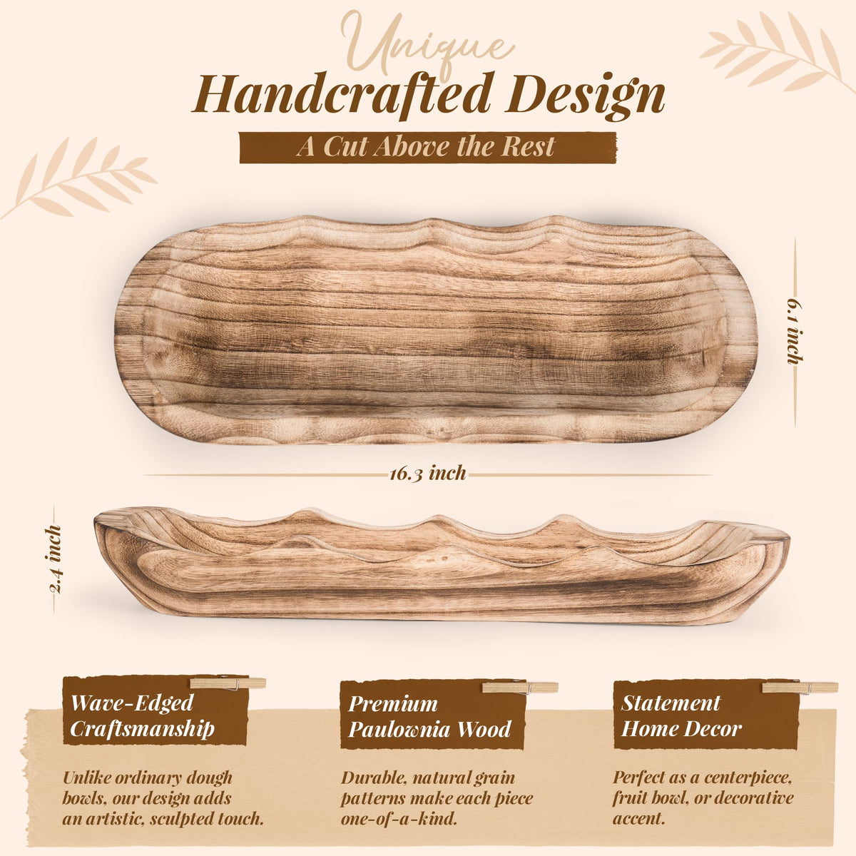 Kondito Wavy Edge Wooden Dough Bowl for Decor 16" L Lightweight Paulownia Wood Hand Carved Decorative Wooden Farmhouse Fruit Bowl Handmade, Home Decoration Centerpiece, Table Display Bowl