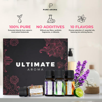 Essential Oils by Ultimate Aroma Top 10 Aromatherapy Oils Gift Set - Lavender/Tea Tree/Eucalyptus/Peppermint/Lemongrass/Sweet Orange/Bergamot/Frankincense/Rosemary/Ylang Ylang (10ml).