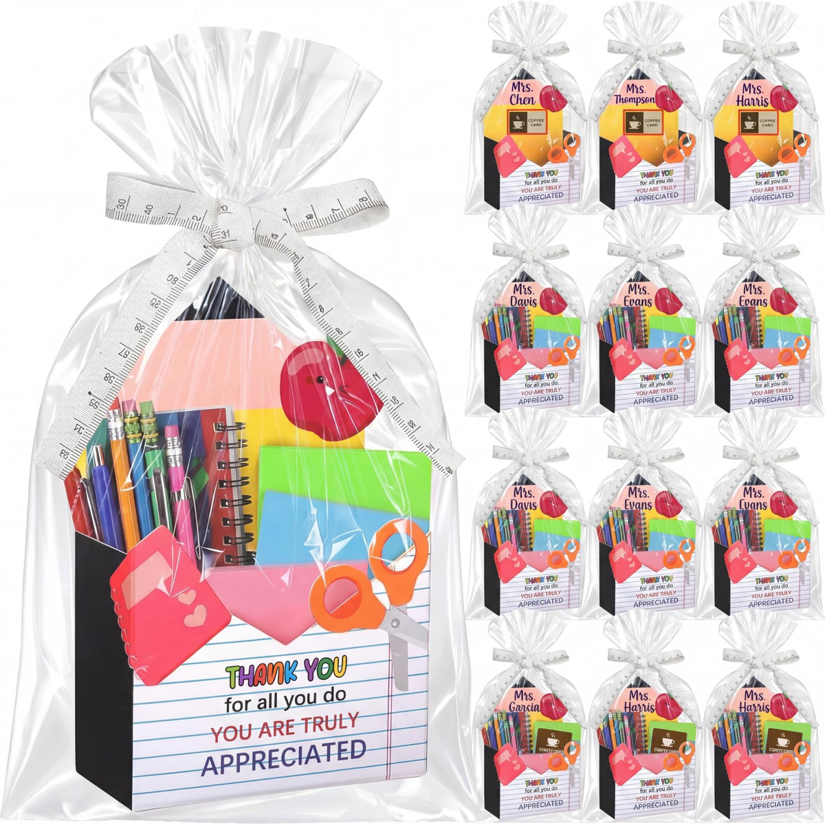 Eaasty 12 Pack Teacher Appreciation Gifts Bulk, Thank You Teacher Gift Boxes with Ribbon Cards, Foldable Pencil Design Paper Basket for End of Year Party Decorations