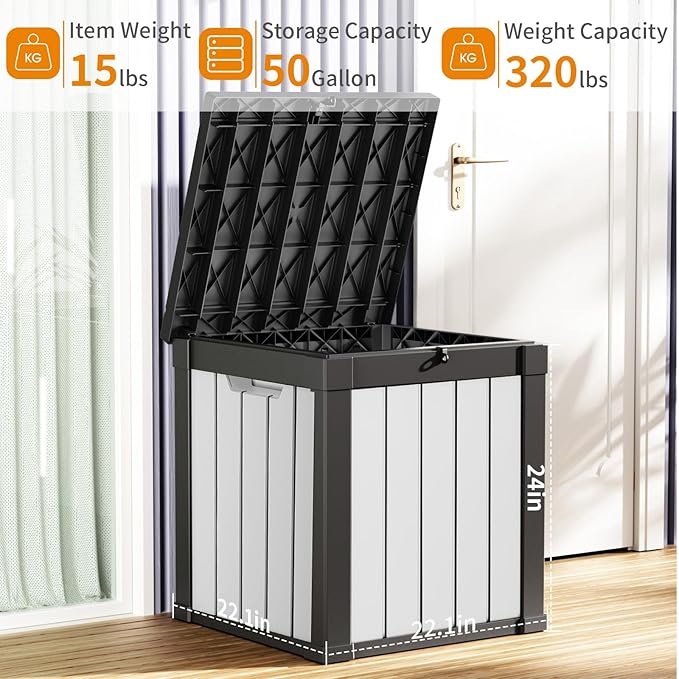 EasyUp 50 Gallon Deck Box Outdoor Storage Box for Patio Furniture,Outdoor Cushions,Garden Tools and Pool Supplies,Waterproof,Resin（Black&White）