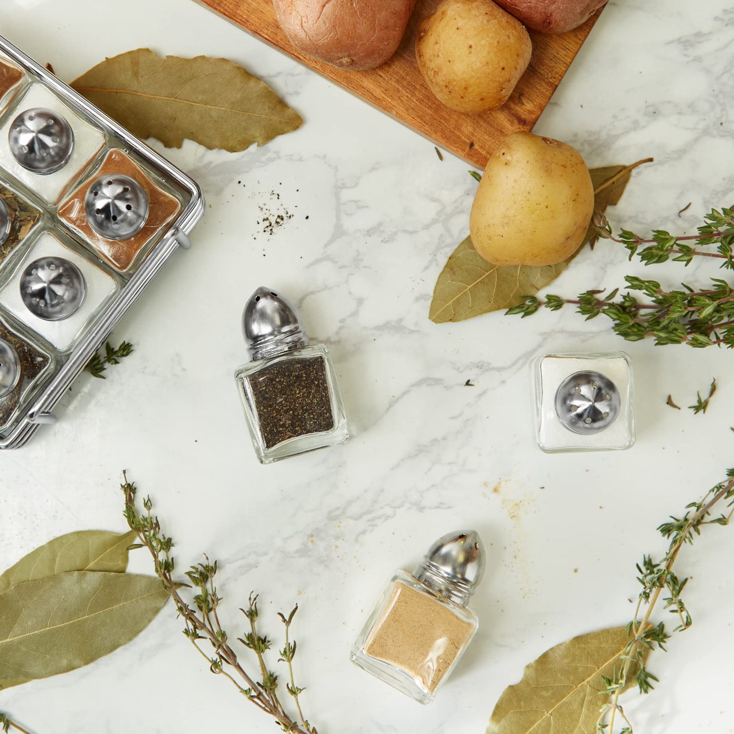 RSVP International Mini Glass Salt & Pepper Set Holder Included, 12 Shakers, Chrome and Stainless Steel