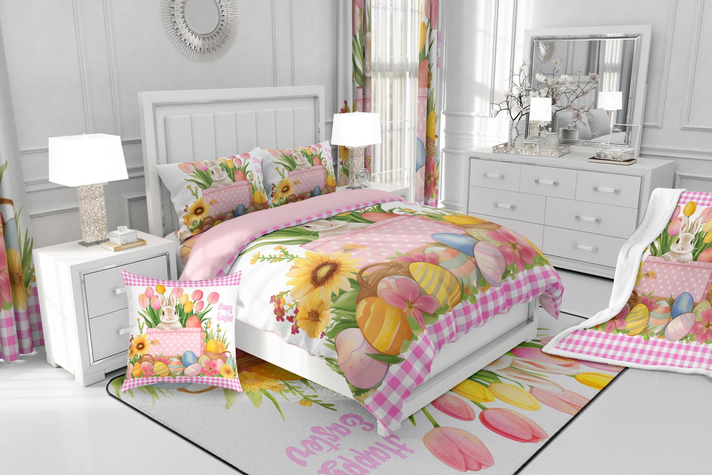 Erosebridal Easter Decorations,Rabbit Comforter Cover Happy Easter Themed Easter Egg Duvet Cover,Pink Yellow Tulip Flowers Checkered Grid Bedding Set Queen,Easter Gifts for Toddlers Kawaii Room Decor