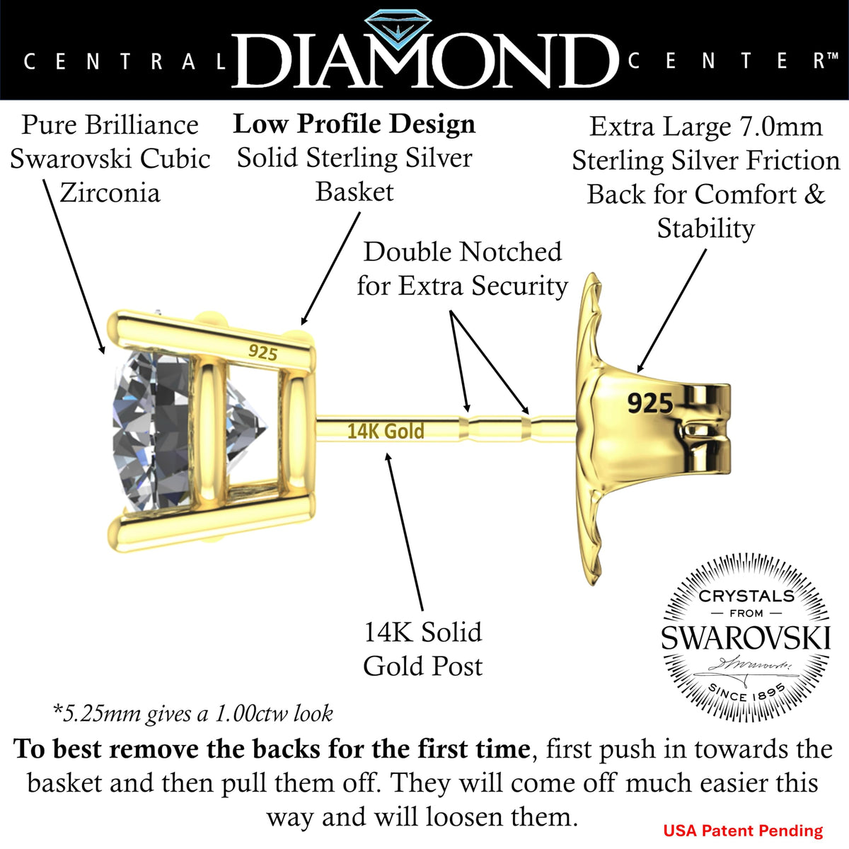 Central Diamond Center 14K Solid Gold Post & Sterling Silver Made with Swarovski 4 Prong CZ Stud Earrings - Yellow Gold Plated - 5.25mm - 1.00cttw