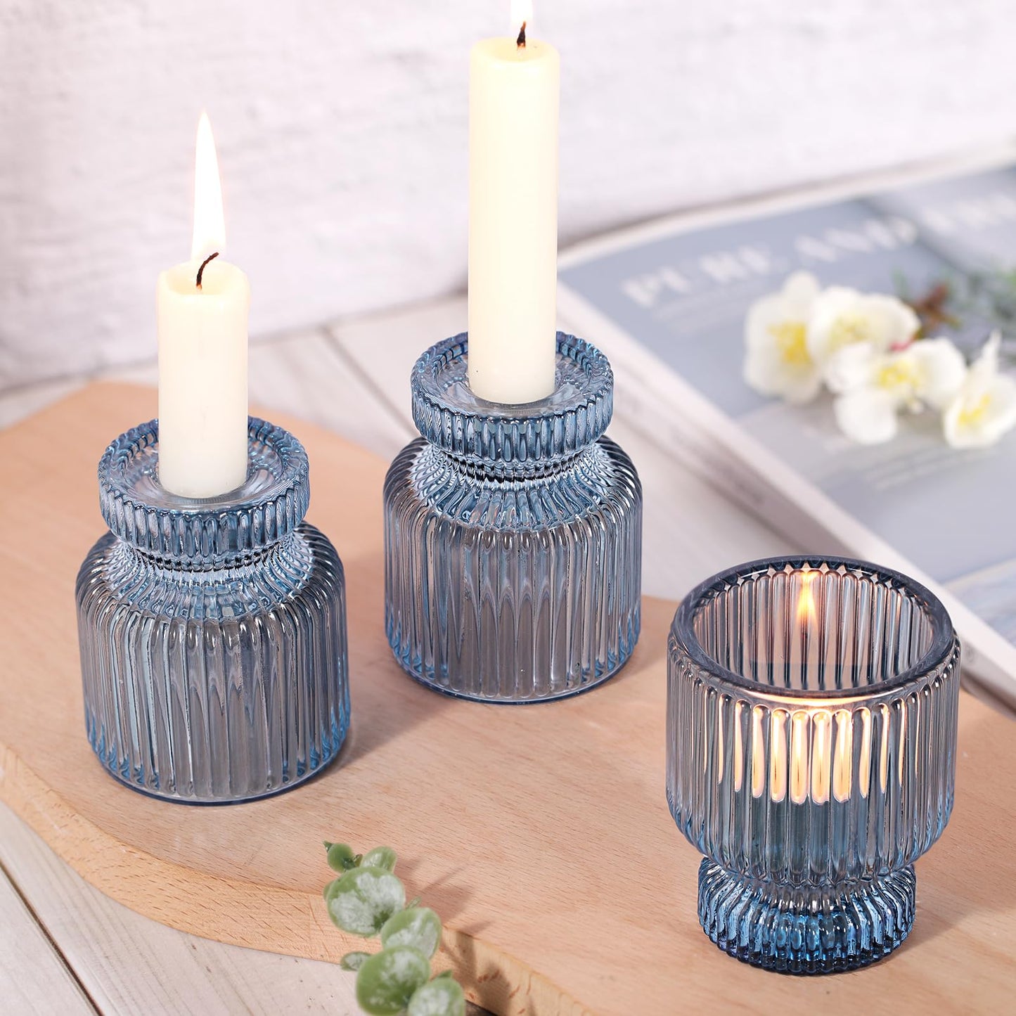 DARJEN 6 Pcs Blue Glass Candlestick Holders with Vertical Stripes - Irregular Shaped, Dual-Use for Taper Candles & Votive/Tea Lights, Candle Holders for Dining Table, Wedding, Party, Home, Gifts