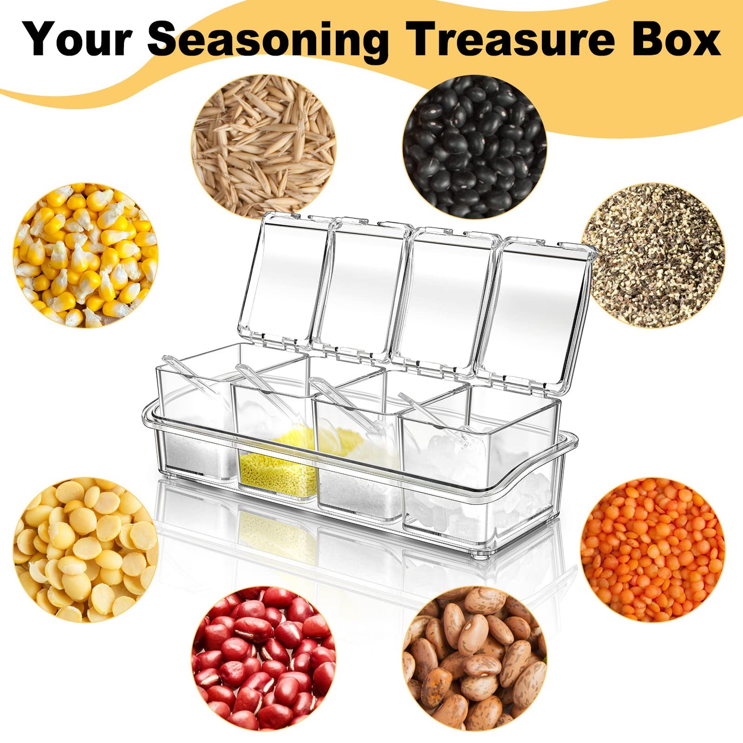 Bokon 4 Set Acrylic Seasoning Box with Spoons, 16 Compartments Clear Spice Organizer, Kitchen Condiment Containers with Lids for Salt, Sugar, Candy
