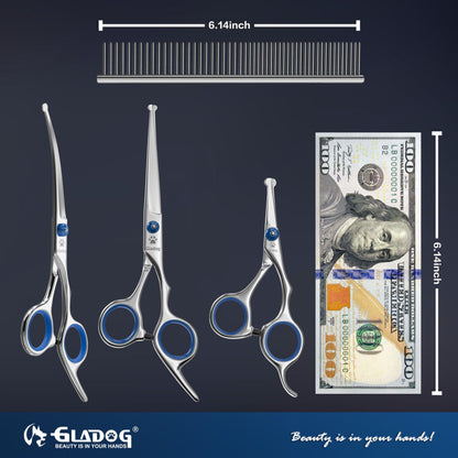 Dog Grooming Scissors Kit with Safety Round Tips, GLADOG Professional 6 in 1 Grooming Scissors for Dogs, Sharp and Heavy-duty Dog Grooming Shears for Dogs Cats Pets