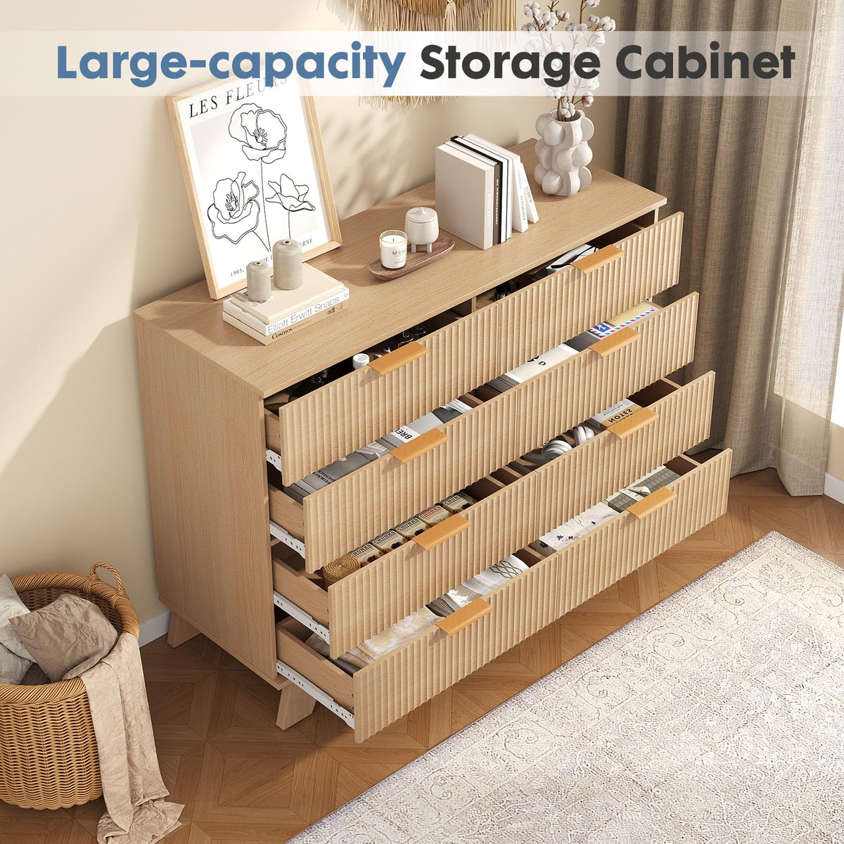 DUMOS Fluted 8 Drawer Dresser for Bedroom, 43.3" Wide Modern Chest of Drawers with Gold Metal Handles, Wooden Dresser TV Stand, Storage Organizer Unit for Living Room, Hallway, Natural Oak
