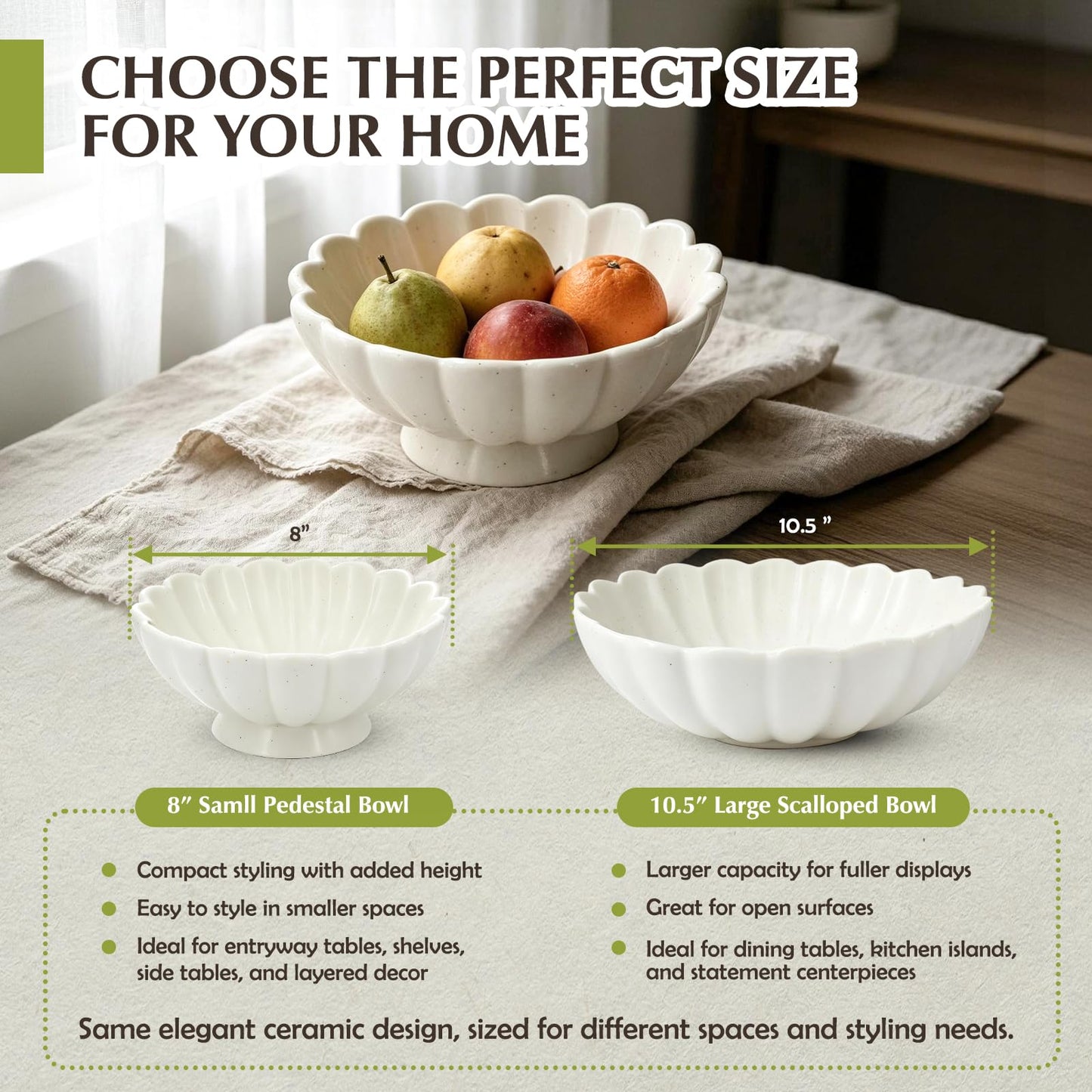 8-Inch Fluted Ceramic Decorative Bowl,Small White Fruit Bowl for Kitchen Counter,Key Bowl for Entryway Table,Handcrafted Pedestal Bowl for Coffee Table, Dining Room Centerpiece,House Warming Gift