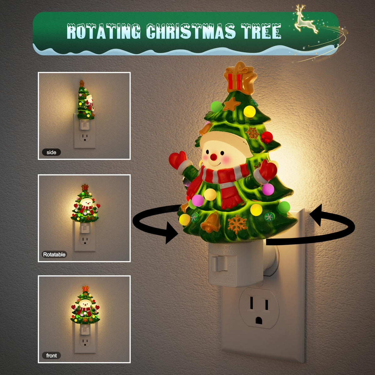 JandCase Christmas Tree & Snowman Night Light, 3000K Night Lights Plug into Wall,Cute & Funny Ceramics Christmas Night Light for Kids, 360° Rotatable for Home Party Decor,1 Pack