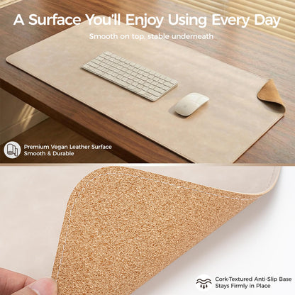 Premium Faux Leather Desk Mat & Tray Set，Innovative Cork-Look Printed Base，Gift Tube Packaging，Full-Desk Coverage，Non-Slip Desk Pad for Office Home（Warm Beige）