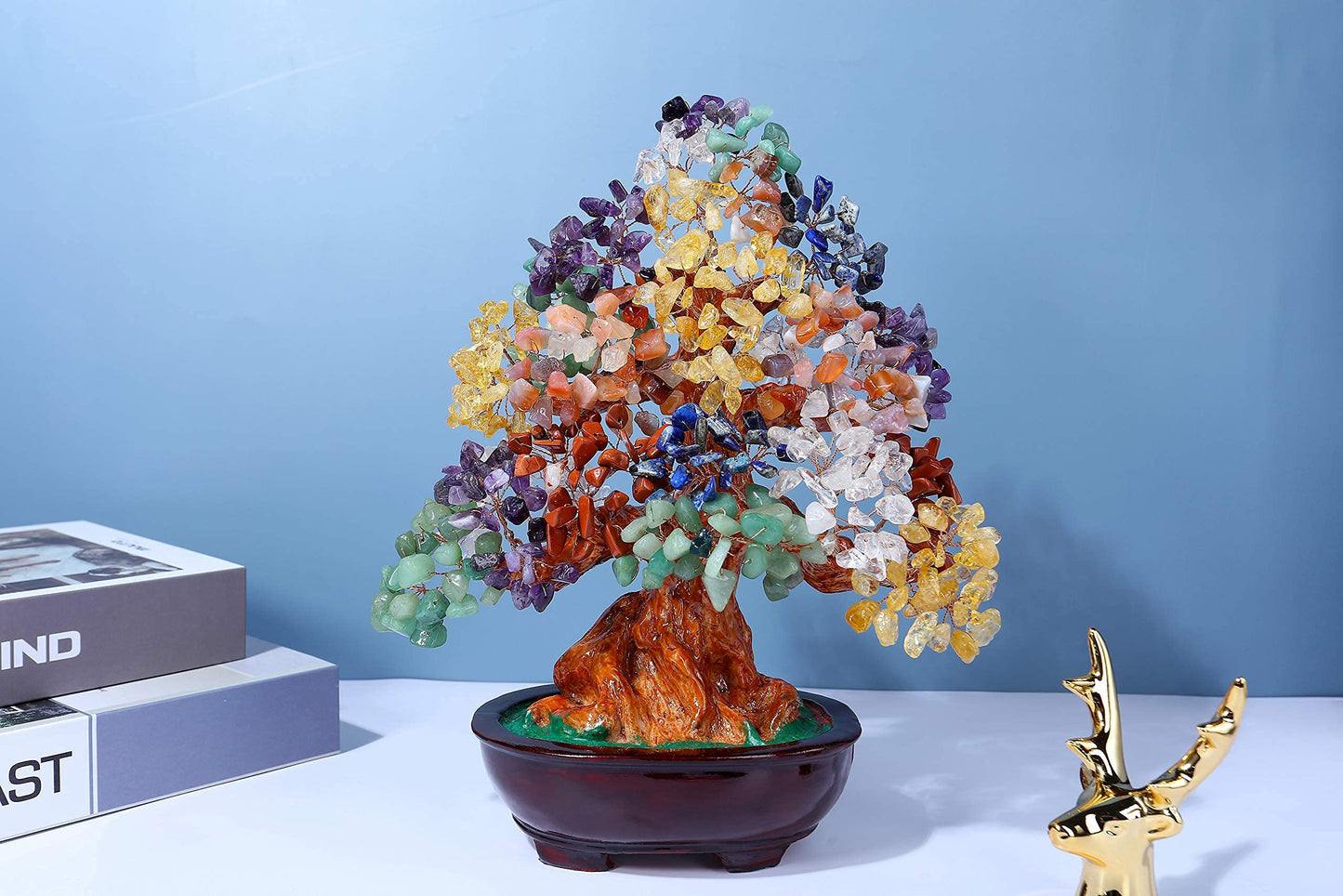 Jovivi Large Feng Shui Natural 7 Chakra Healing Crystal Money Tree Resin Base Bonsai Style Decoration for Wealth and Luck 9.5 Inches