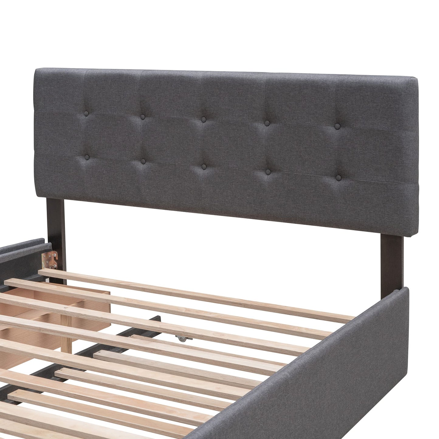 Ball & Cast Queen Size Bed Frame with 2 Drawers and 1 Twin XL Trundle, Linen Upholstered Platform Bed with Button Tufted Headboard and Wood Slats Support, No Box Spring Needed,Dark Gray