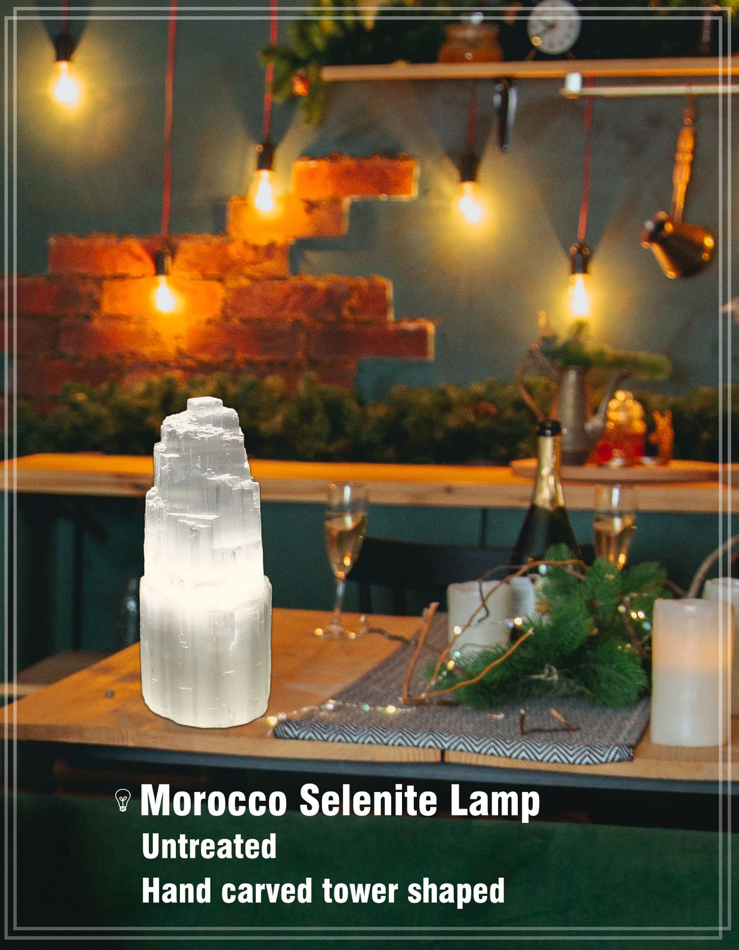 AMOYSTONE 8" Natural Selenite Crystal Lamp White Gemstones Skyscraper Tower Healing Lights Small, Include Led Bulb Switch