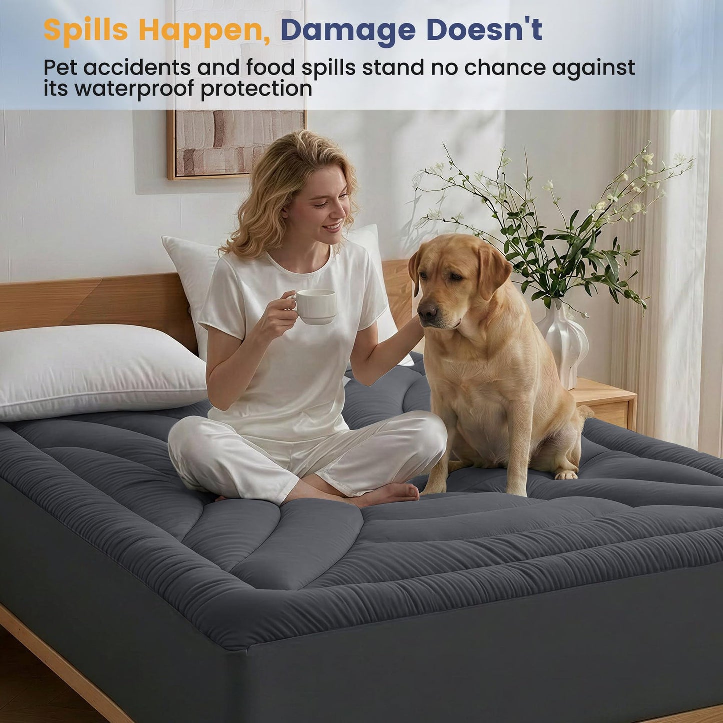 Waterproof Queen Mattress Pad, Noiseless Mattress Protector with 8"-21" Deep Pocket, Quilted Fitted Soft Mattress Topper Cover for Accidents, Machine Washable, Grey, 60x80