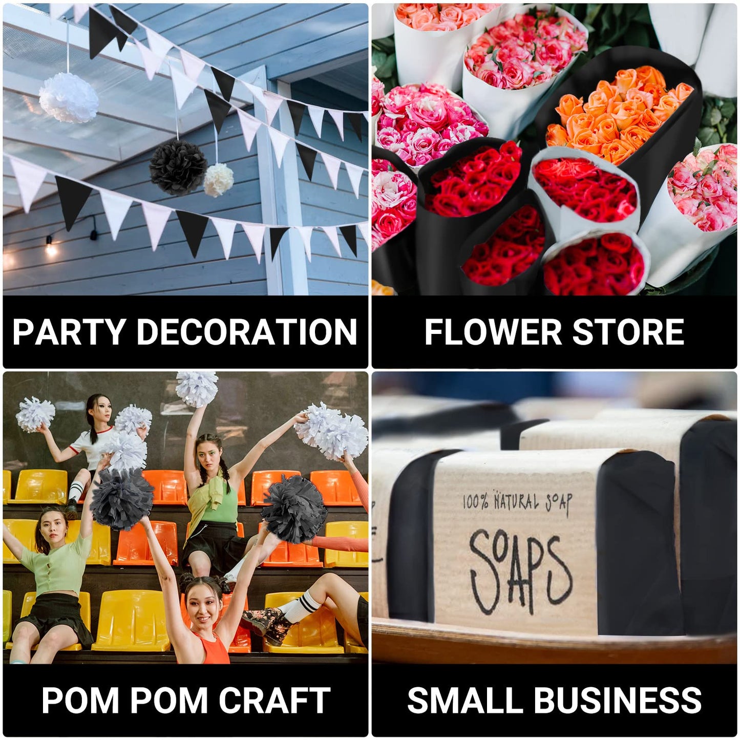 EUSOAR Black Wrapping Tissue Paper, 20x30 inches 50pcs Halloween Present Packing Tissue Paper Bulk, Pom Pom Crafts, for DIY Crafts Decorative Art Crafts Birthday Party Festival