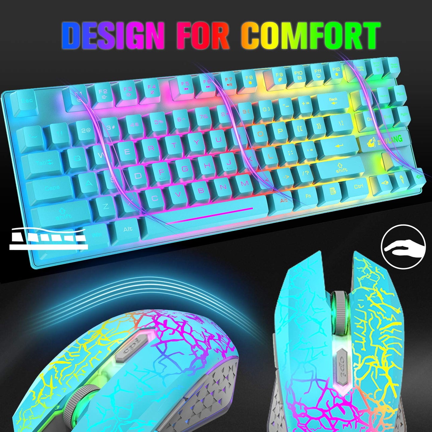 Wireless Gaming Keyboard and Mouse Combo with 87 Key Rainbow LED Backlight Rechargeable 3800mAh Battery Mechanical Feel Anti-ghosting Ergonomic Waterproof RGB Mute Mice for Computer PC Gamer (Blue)