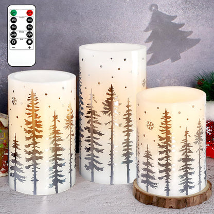 FLAVCHARM Christmas Flameless Candles, Battery Operated, Hot Stamping Silver Xmas Tree LED Flickering Candles with Remote and Timer, Holiday Decorative Pillar for Xmas, Party, Bedroom