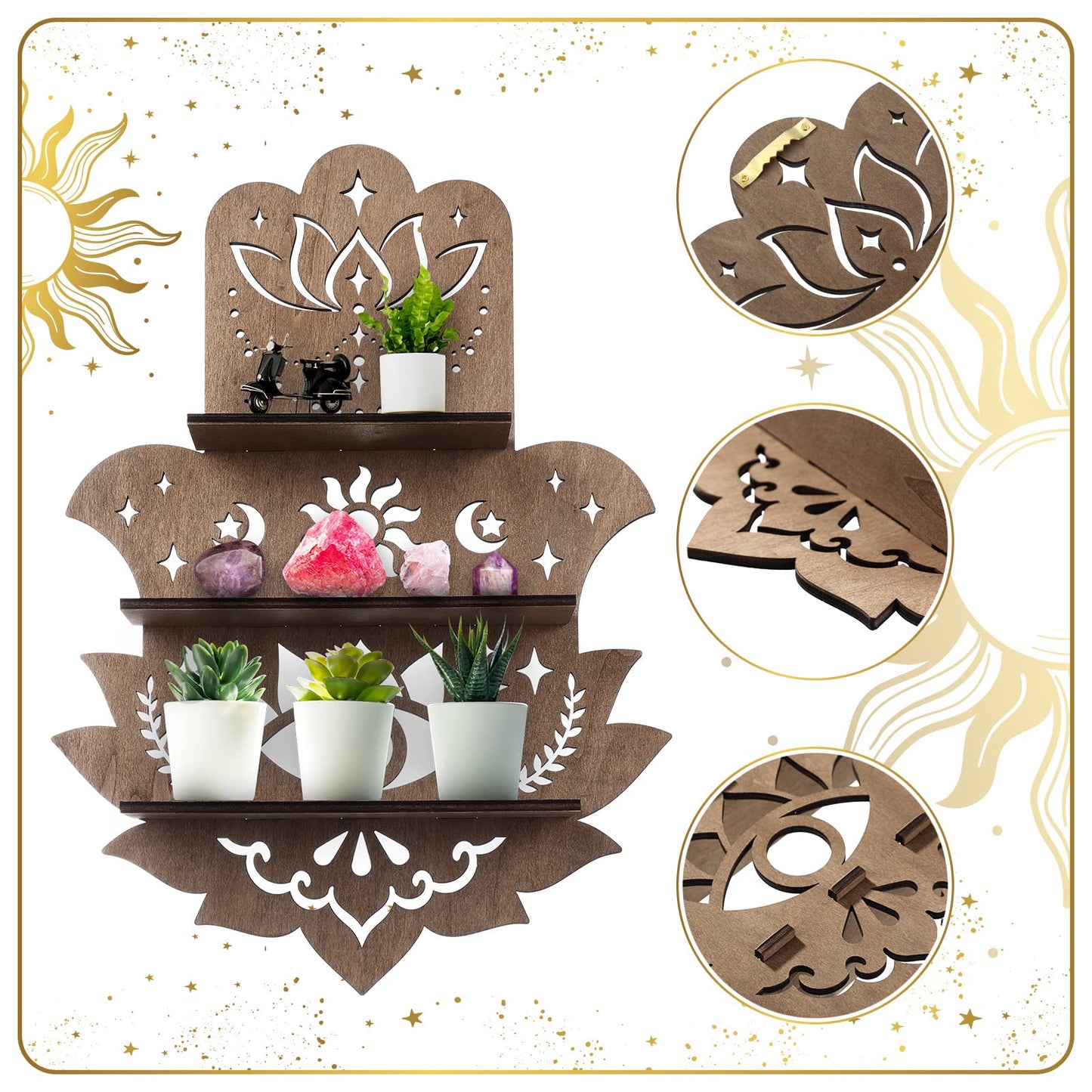Maitys Hamsa Wall Decor Lotus Crystal Shelf Display for Evil Eye Decor Large 17'' Hamsa Hand Boho Wooden Hanging Crystal Holder Shelf Aesthetic Zen Meditation Spiritual Gift Witch Yoga