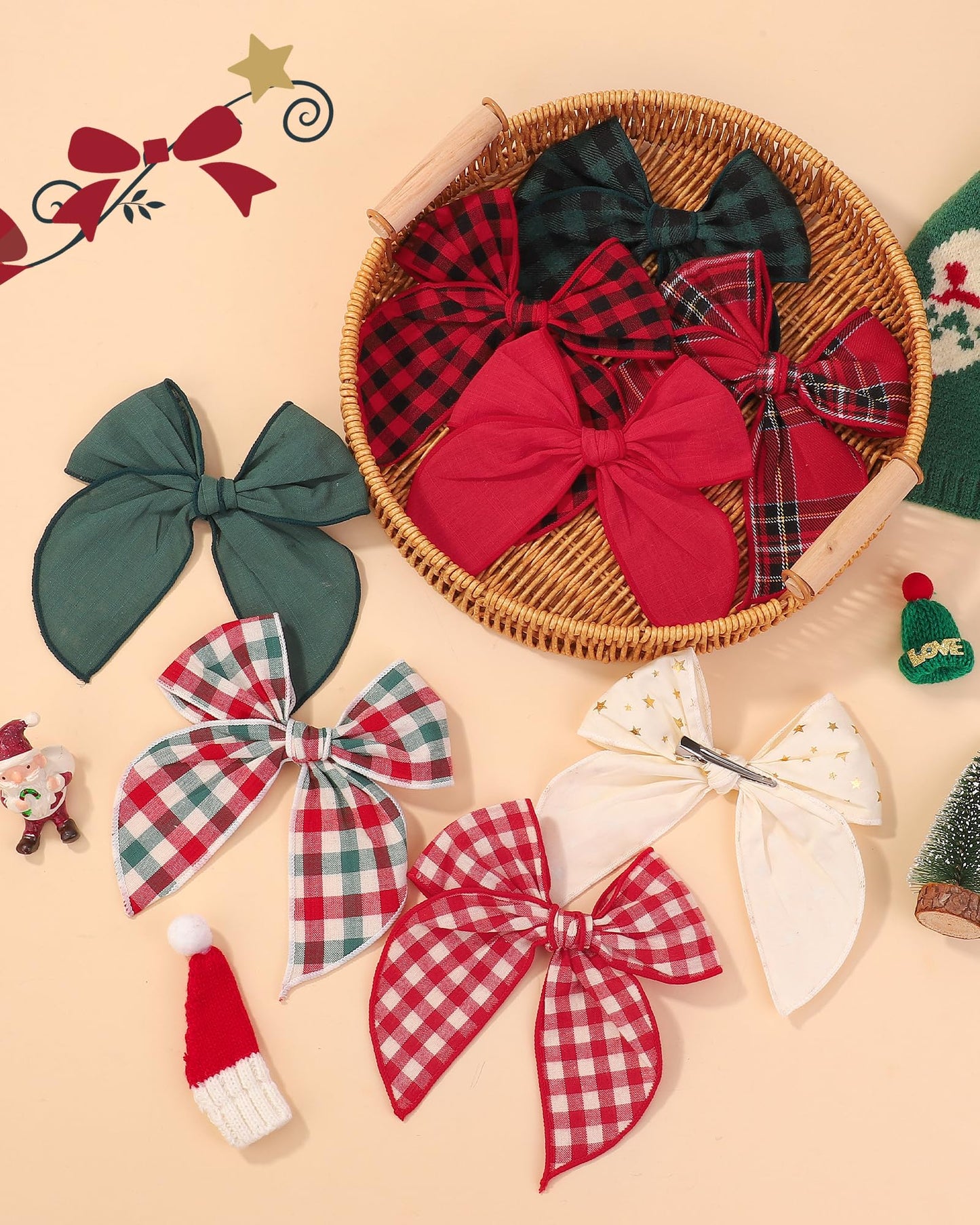 doboi 8PCS 5.5" Christmas Baby Girls Hair Clips Fable Hair Bows Cotton Linen Bows for Girls Gingham Hair Accessories for Baby Toddlers Kids