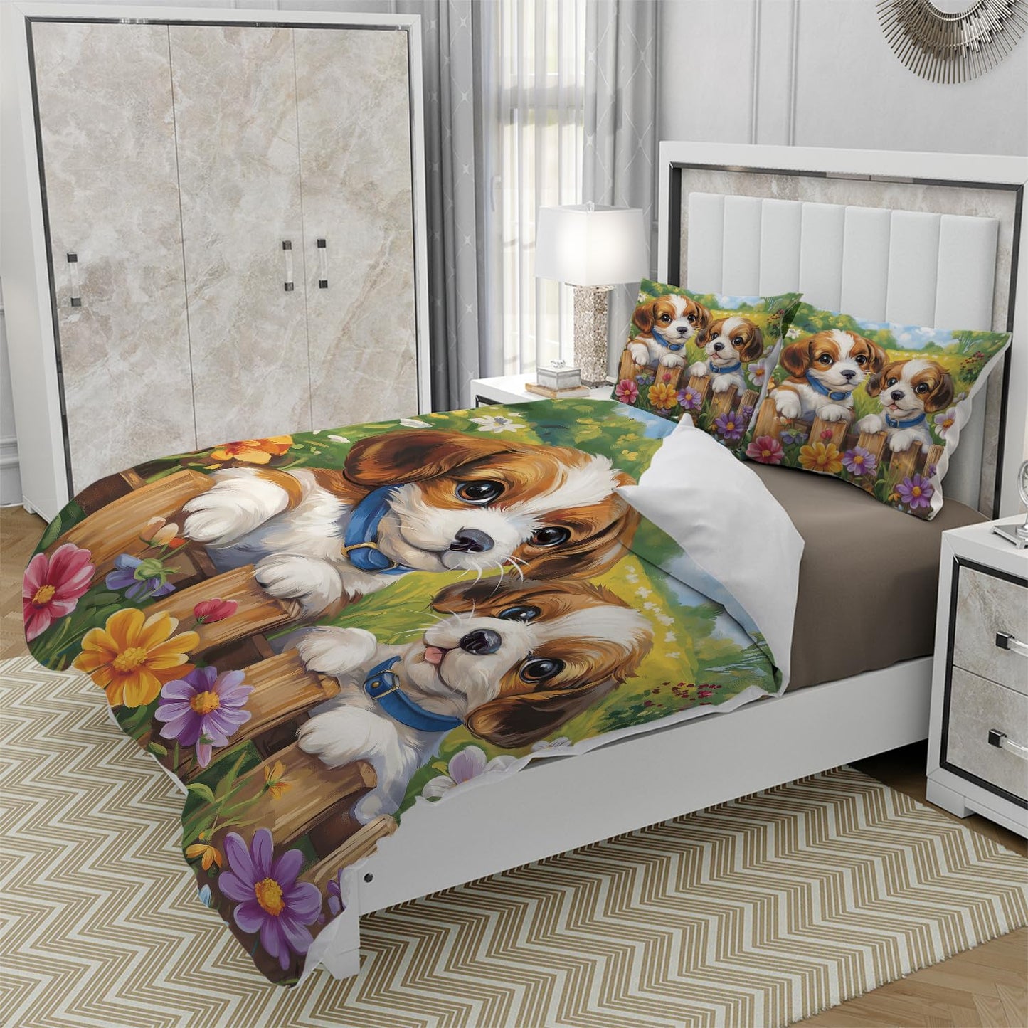 RICQLESC Cute Dog Duvet Cover and 2 Pillow, Cartoon Pet Pug Dog Bulldog Rustic Farmhouse Floral Animal Puppy Comforter Set, Kids Boys Girls Bedding 3 Pieces, King Size 104x90 inch