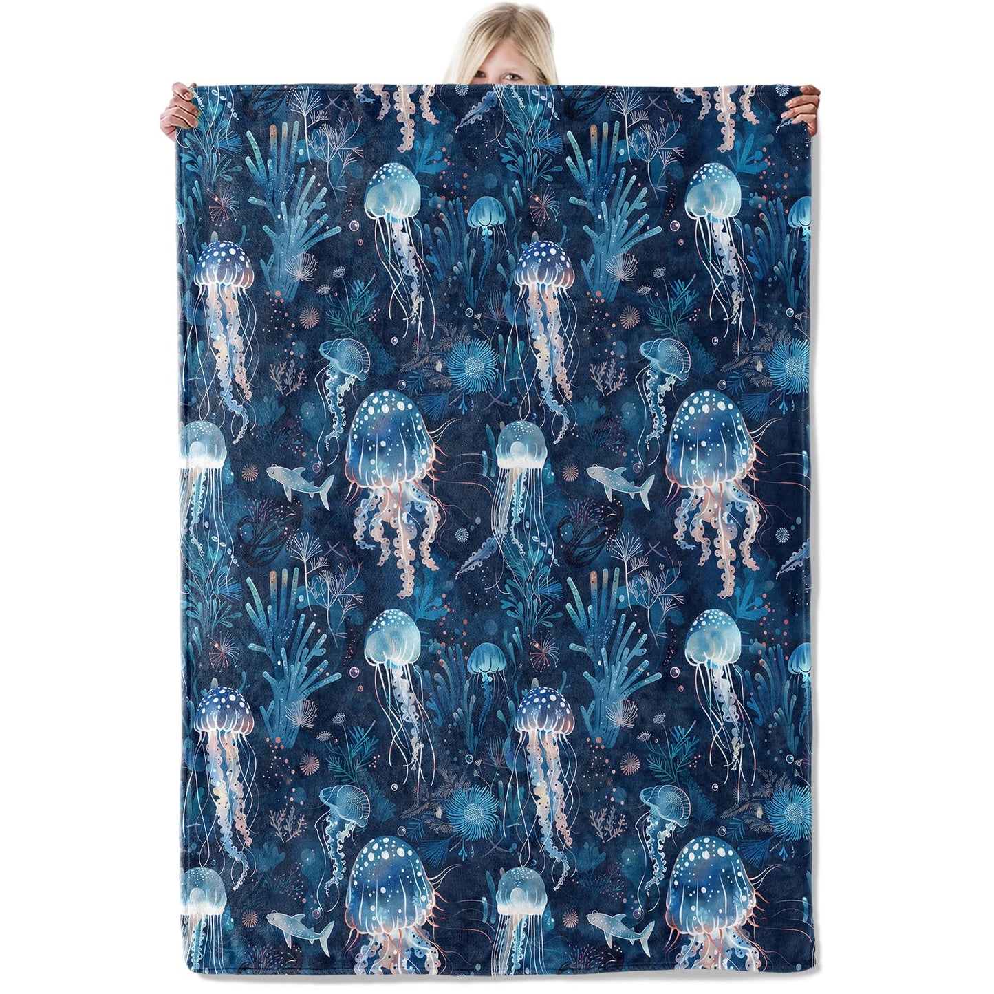 ICAAV Ocean Jellyfish Blanket for Adults 50×60 Inch,Deep Sea Glow Inspired Flannel Throw with Coral and Fish Design, Soft Cozy Nautical Decor, Blue Underwater Illustration Pattern,Gifts Blankets