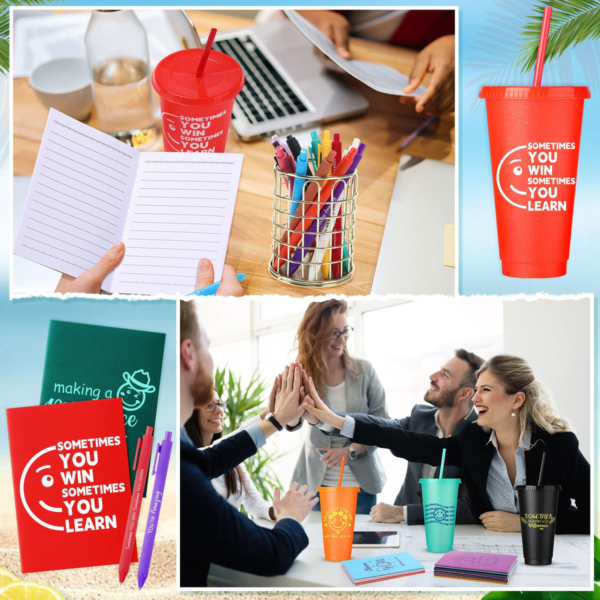 Feifeiya 72 Pcs/ 24 Set Thank You Gift Bulk 24 oz Appreciation Tumbler with Lids and Straws Motivational Pens Inspirational Notepads Set Plastic Cups Gift for Valentines Employee Team Staff Coworker