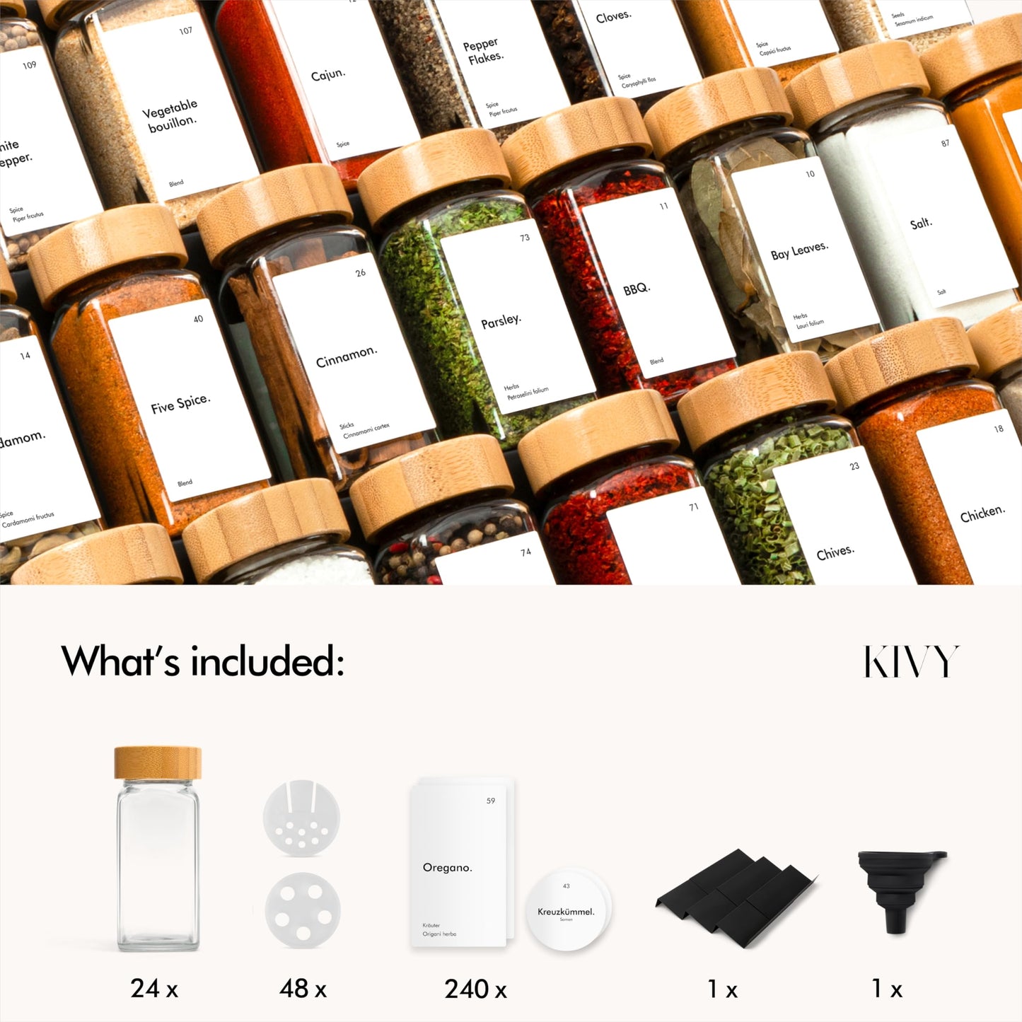 KIVY Spice Drawer Organizer with 24 Spice Jars & 240 Labels - Seasoning Rack for Organization - Kitchen Drawer Insert for Spice Jars - Glass Seasoning Jars with Airtight Lids - Glass Spice Jars Empty