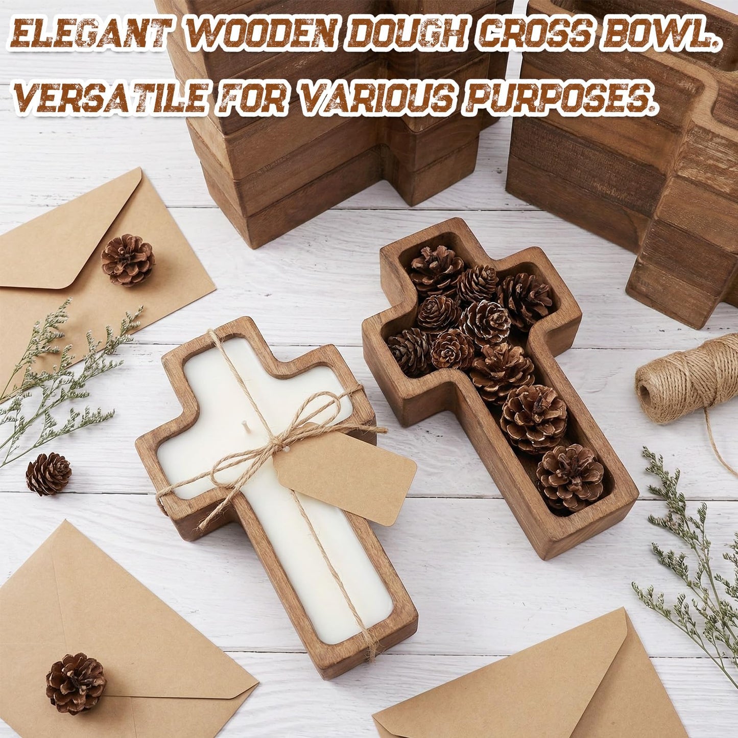 HEYTIMI 12 Pack Wooden Cross Dough Bowls, 7.42" x 4.33" Paulownia Wood Dough Bowl Set for Candle Making, Rustic Farmhouse Decor, Religious Ceremony Centerpiece, Christian Faith Gifts