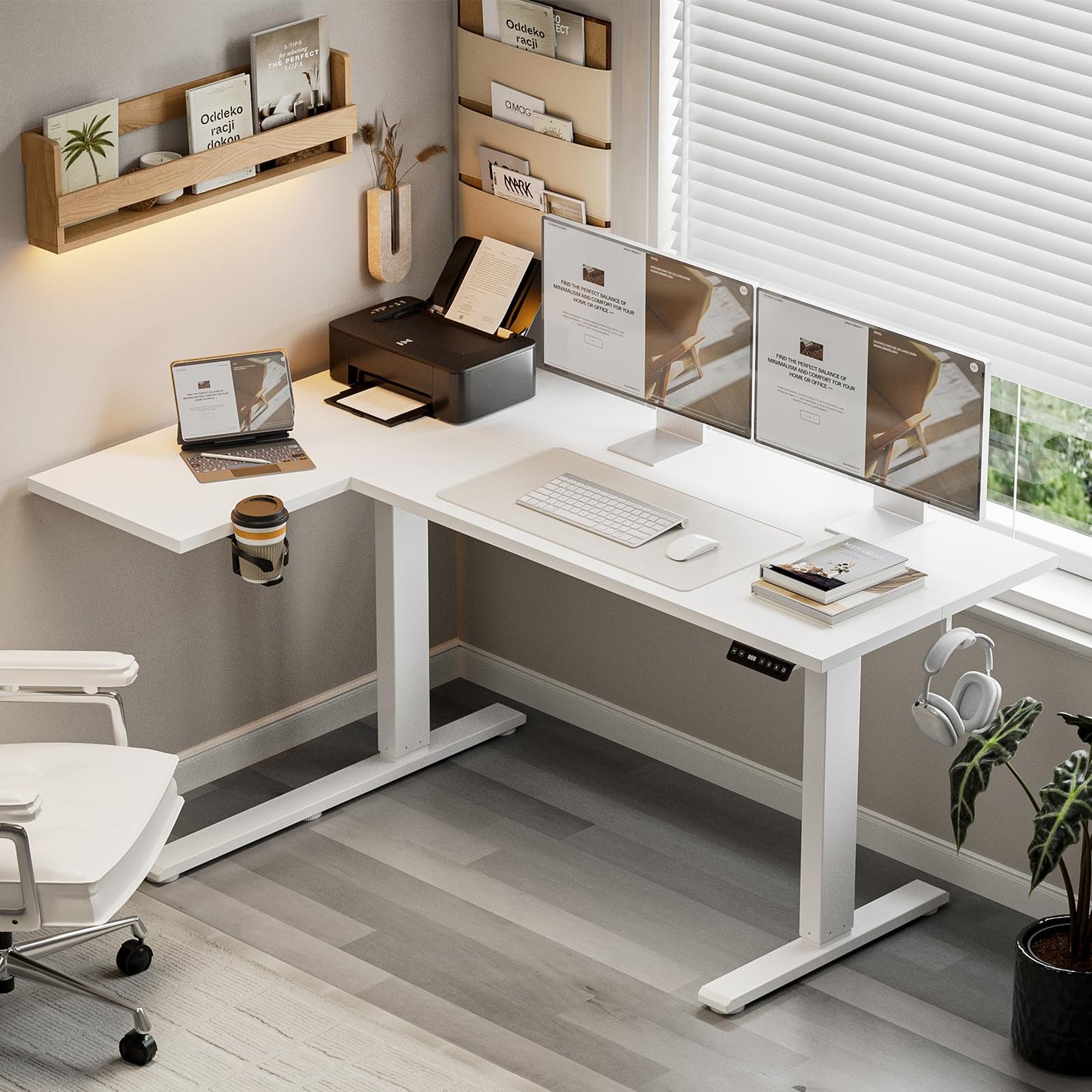 Muvai 71 Inch L Shaped Standing Desk Adjustable Height with Cable Management Tray,Gaming Electric Corner Standing Desk, Sit Stand Computer Table with Reversiable Splice Board, White