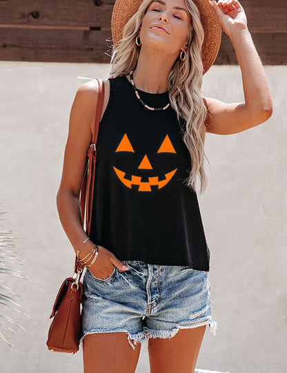 Mokoru Women's Funny Halloween Skeleton Pumpkin Skull Graphic Sleeveless Tank Top Shirts, Medium, Smile Face Black