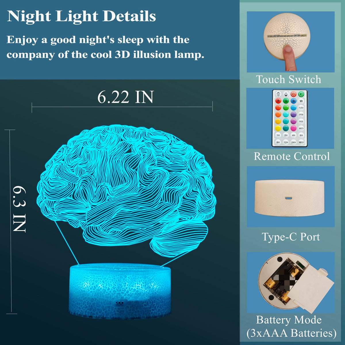 POSSHE Neurology Gifts, 3D Brain Illusion Lamp, Night Light with16 Colors Changing, Remote Control, Timer, Dimmable, Kids Room Decoration, Xmas Brain Model Gifts