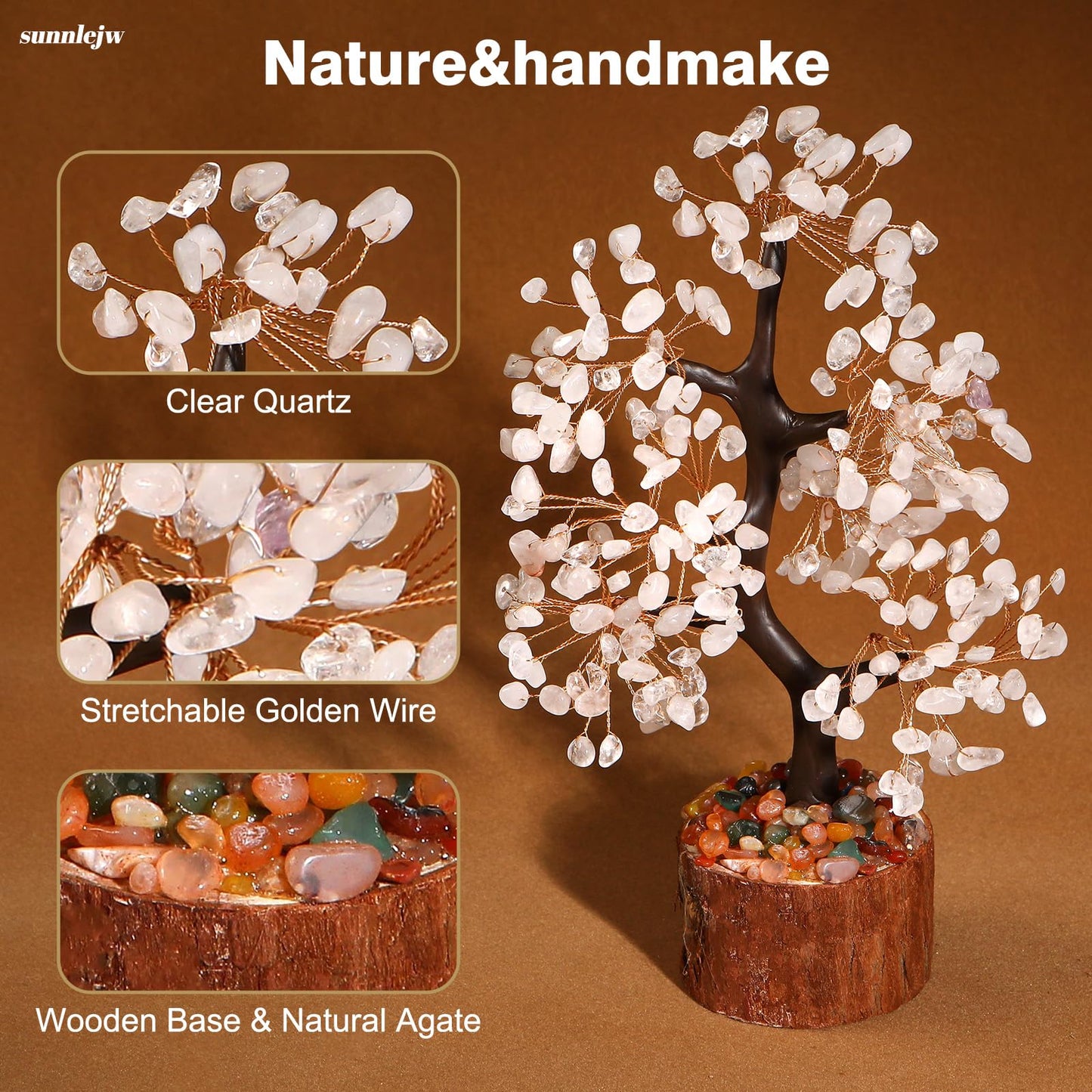 Sunnlejw Clear Quartz Crystal Tree of Life for Home, Office, and Desk Decor，Handmade Bonsai for Clearity, Healing Crystals Money Tree，Perfect Concentration Gifts for Mom and Sister Friend