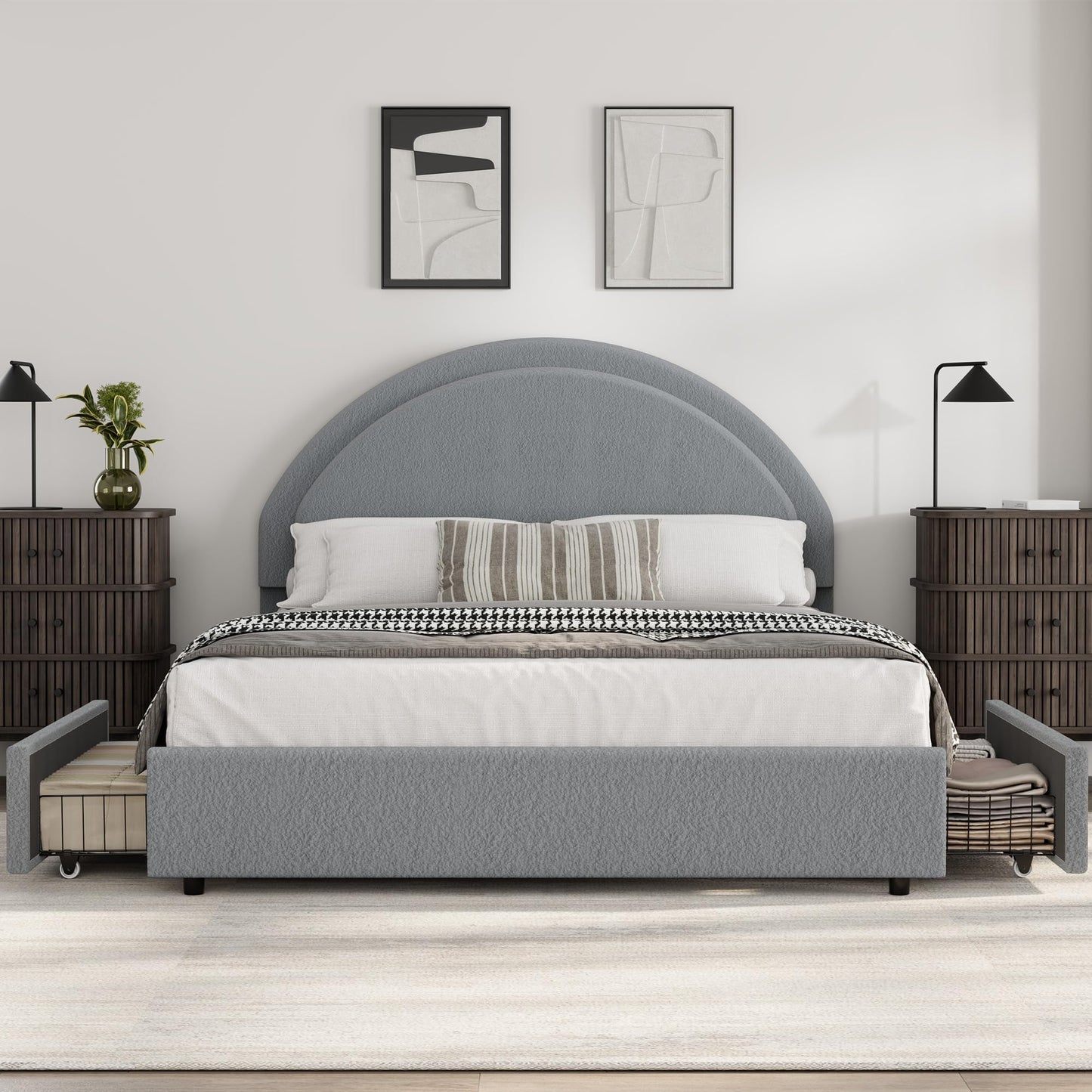 Garvee Full Size Bed Frame with Storage Drawers, Upholstered Boucle Platform Bed with Round Headboard, Heavy Duty & Noise Free, No Box Spring Needed, Grey