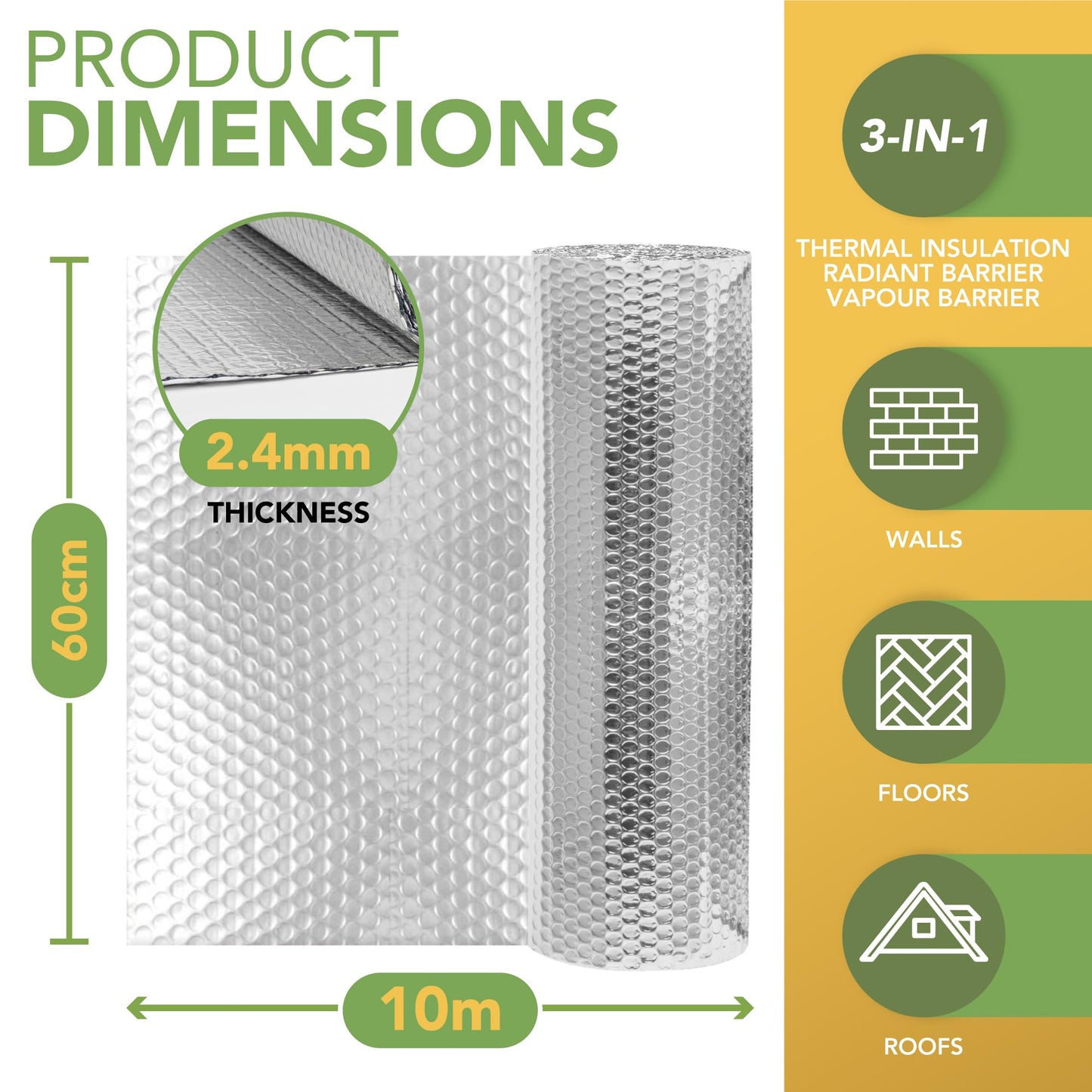 BLOSTM Foil Insulation Roll 10m x 60cm - Radiator Reflector Panels for Floor, Ceiling, Roof, Wall Insulation - 3-in-1 Reflective Foil Insulation Roll - Heat & Vapour Barrier Saves Energy