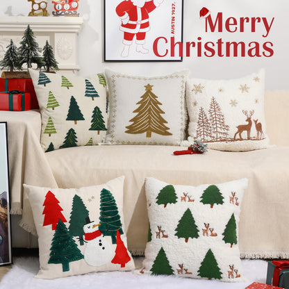 Lewondr Christmas Pillow Covers 18x18 inch, 2 Pack Christmas Throw Pillow Covers with Reindeer Embroidery, Soft Velvet Xmas Tree Pillows Cover for Living Room Couch Sofa Bed Home Decoration, Beige