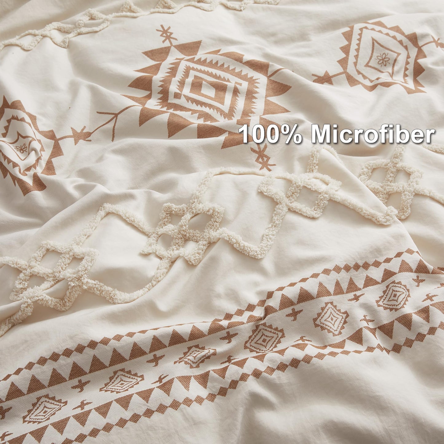 Oli Anderson Boho Duvet Cover Set Queen Size, Beige and Terracotta Color Clash 3 Pieces Microfiber Bedding Set, Durable and Super Soft Duvet Covers with Zipper and Ties, 90"*90"