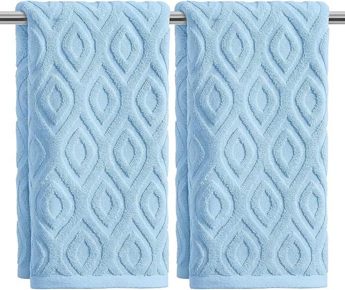 Artoid Mode 2 Pcs Light Blue 3D Diamond Grid Jacquard Hand Towels