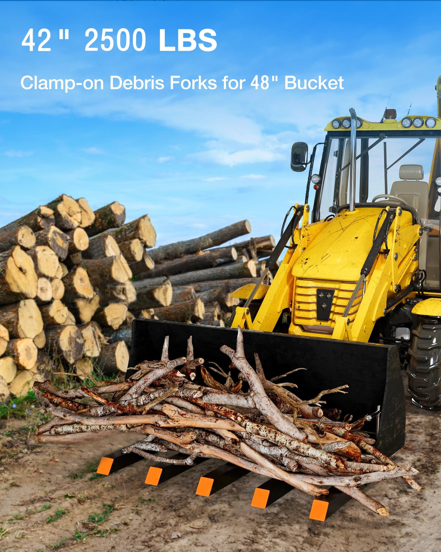 GarveeLife 48 in Bucket Clamp on Debris Forks,2500 LBS Heavy Duty Pallet Forks,Clamp on Pallet Forks with 5 Tines,for Tractor Accessories,Loader Bucket,Skid Steer