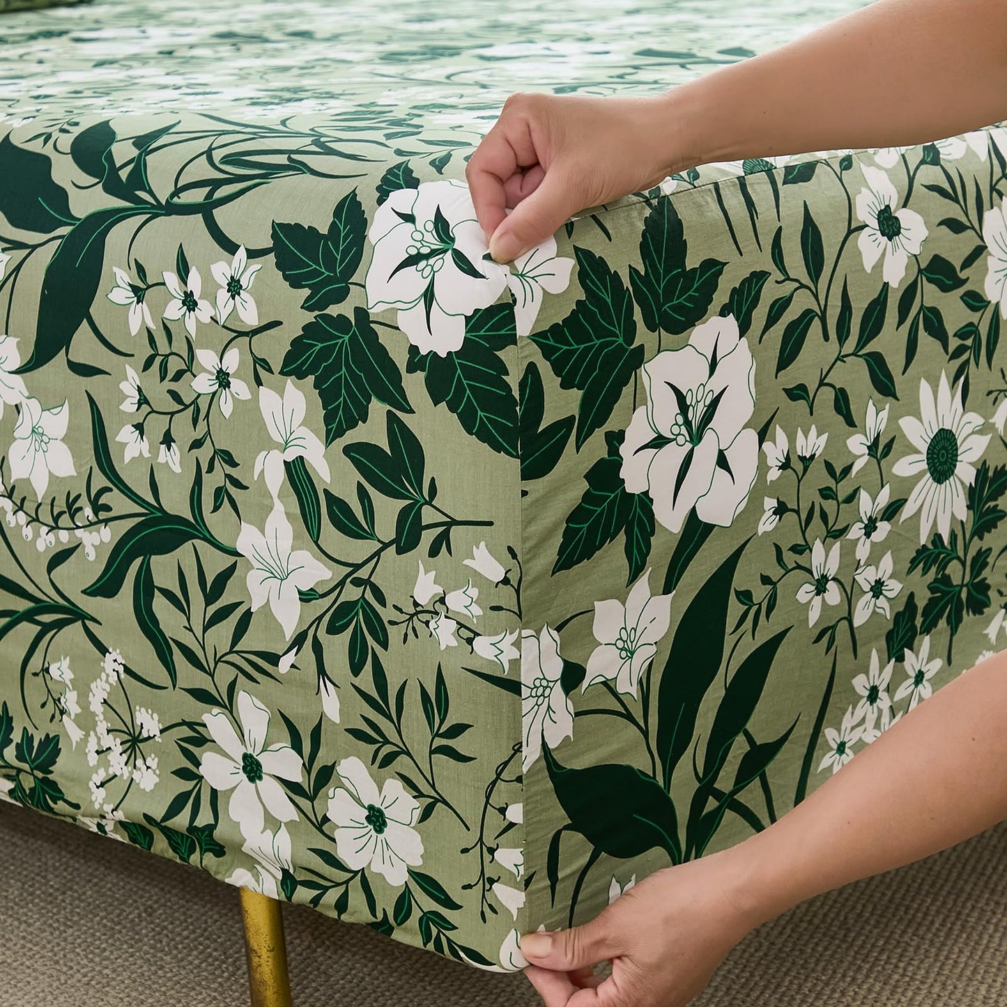 Cozaline 100% Cotton Sheet Set Queen Size – 4-Piece Luxury Forest Green Floral Bedding, Soft Breathable Percale Weave, Deep Pocket Fitted Sheet 17.5", Crisp Cool Feel, Refined Botanical Elegance