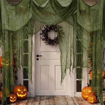 Watayo 400 x 85 Inches Halloween Dark Green Creepy Cloth, Oversize Halloween Cheese Cloth, Scary Spooky Fabric Gauze for Outdoor Haunted House Yard Doorway Decor