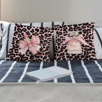 Exqcom Pink Leopard Print Pillow Covers 18x18 Set of 2, Preppy Room Decor Aesthetic, Coquette Girly Lipstick Perfume Cheetah Throw Pillow Covers for Girls Room Dorm Apartment Sofa Couch