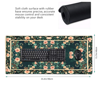 Floral Aesthetic Rose Gaming Mouse Pad, Forest Green Rug Desk Mat with Anti-Slip Base & Stitched Edges,35.4" x 15.7" in Table Mat for Computer Desktop, Beautiful Workstation Decor
