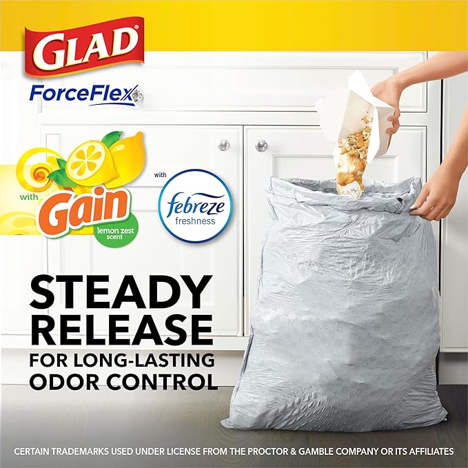 Glad ForceFlex Trash Bags 13 Gallon Gain Lemon Zest | Tall Kitchen | Drawstring