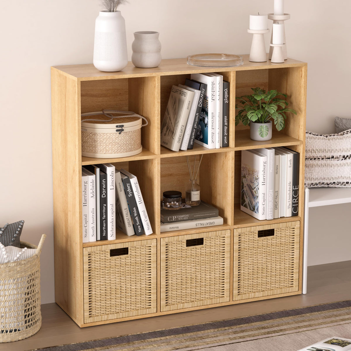 NewBeth Wooden 9 Cube Storage Organizer with Closed Back Panel,White Cube Shelf Cubby Storage Organizer with Compartments for Living,Bookshelf, Easy to Install (Oak, 9 Cube-11in)