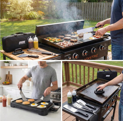 OUII Flat Top Griddle Accessories for Blackstone and Camp Chef Griddle - 9 Pieces Set with Griddle Cleaning Kit and Carry Bag! Metal Spatula, Scraper for Hibachi and Teppanyaki Grill