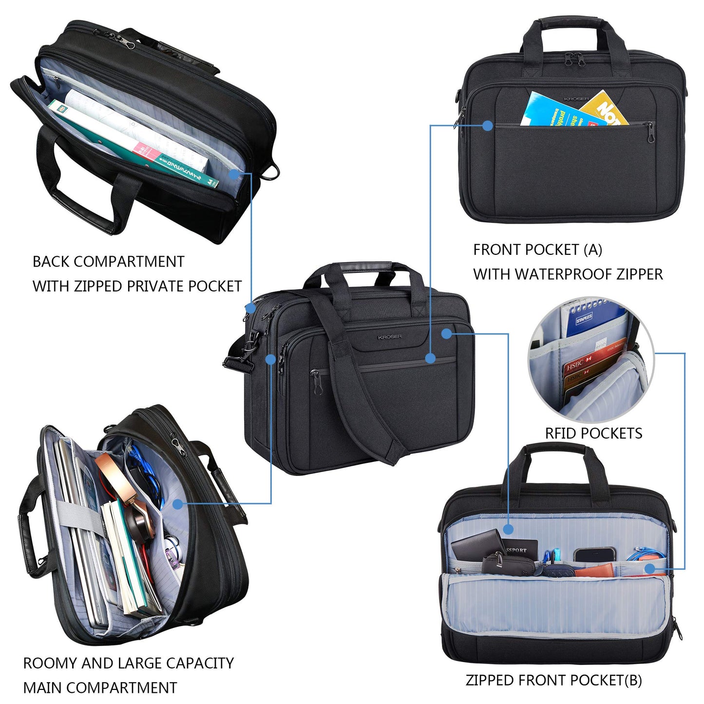 KROSER Laptop Bag Expandable Laptop Briefcase Fits Up to 17.3 Inch Laptop Water-Repellent Shoulder Messenger Bag Computer Bag for Travel/Business/School/Men/Women-Black