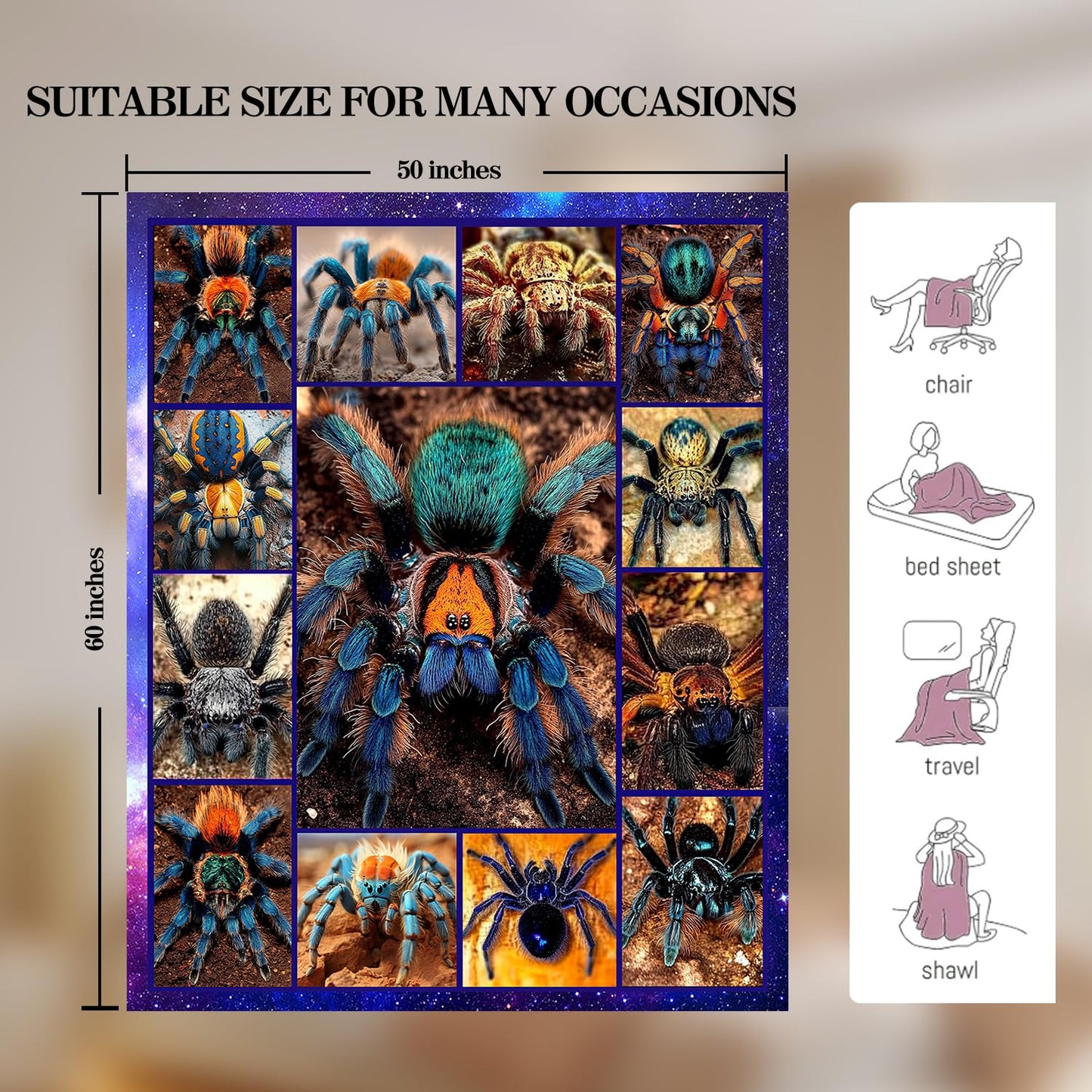 Spider Blanket Spider Decor Cozy Animal Throw Super Soft Plush Flannel Fleece Blanket Gift for Kids Adults Men Women Ultra Warm & Lightweight Flannel, 60"X50"