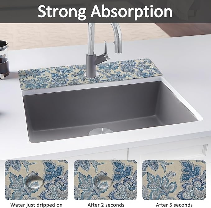 24" X 5.5" Kitchen Sink Splash Guard Faucet Mat Flora Super Absorbent Fast